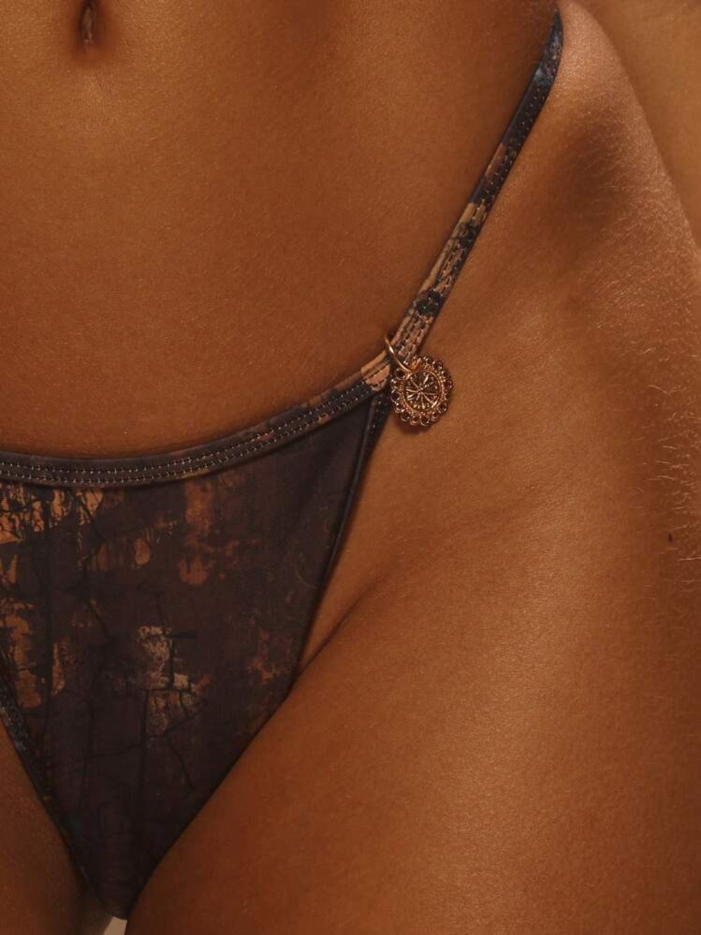Marbled Dark Brown Hipster Bikini Bottom with Gold Charm